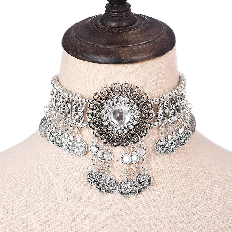 Collier ethnique pour femmes, ras du cou, bohème, Vintage, creux, géométrique, cristal, strass, perles, pièce de monnaie, pompon, bijoux