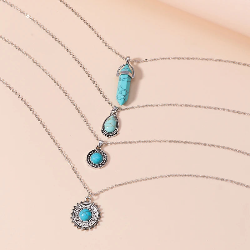 Collier pendentif soleil en pierre turquoise de Bohême pour femmes et filles, cadeaux de bijoux de festival de fête, ensemble de 4 pièces