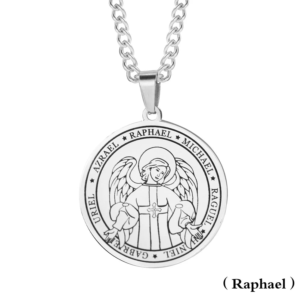 Religieux Azrael Gabriel Raphael Uriel Michael archange aile d'ange médaille en acier inoxydable pendentif collier bijoux