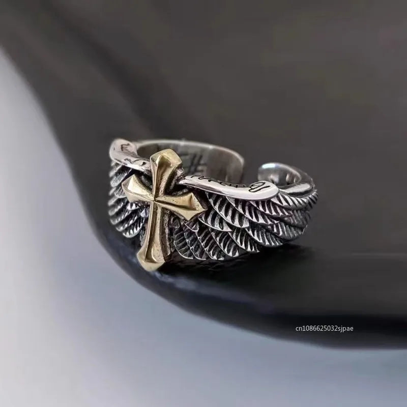 Bague croix d'ange pour hommes, bague d'ouverture à la mode et personnalisée, ailes et ailes de croix dorées pour hommes, bijoux gothiques punk