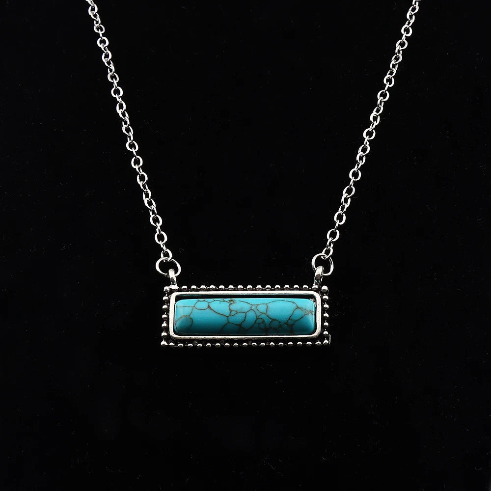 JOLagenlook-Collier avec pendentif à barre rectangulaire turquoise, bohème occidental, cowgirl, longueur réglable, bijoux longs, tour de cou à maillons, 20"