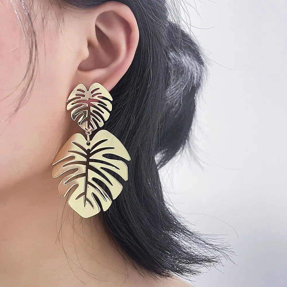 Boucles d'oreilles bohème creuses pour femmes, feuille exagérée, goutte d'eau, géométrique, couleur or, plante tropicale, bijoux féminins, nouveaux cadeaux