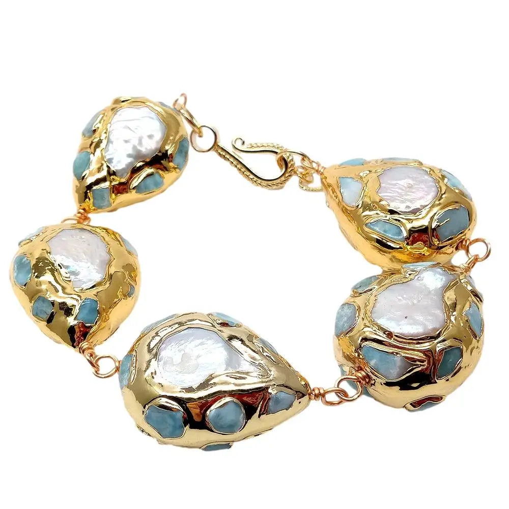 YYGEM – Bracelet portefeuille plaqué or, pièce de monnaie blanche naturelle, perle d'eau douce, 22x28mm, puces larimar bleues, goutte d'eau, 9 pouces