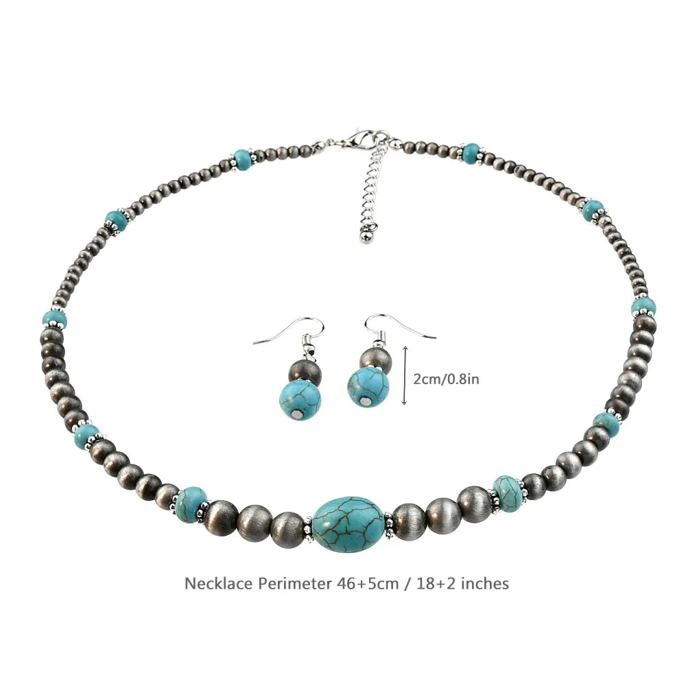 Ensemble de boucles d'oreilles et collier en Turquoise incrusté de perles rondes Vintage pour femmes, bijoux personnalisés à la mode faits à la main, 2 pièces