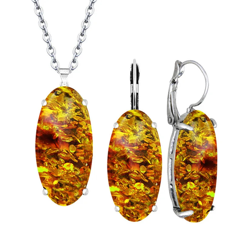 Ensemble collier et boucles d'oreilles vintage pour femme, pendentif en forme d'oeil, ambres simulés, bijoux fantaisie plaqués argent antique