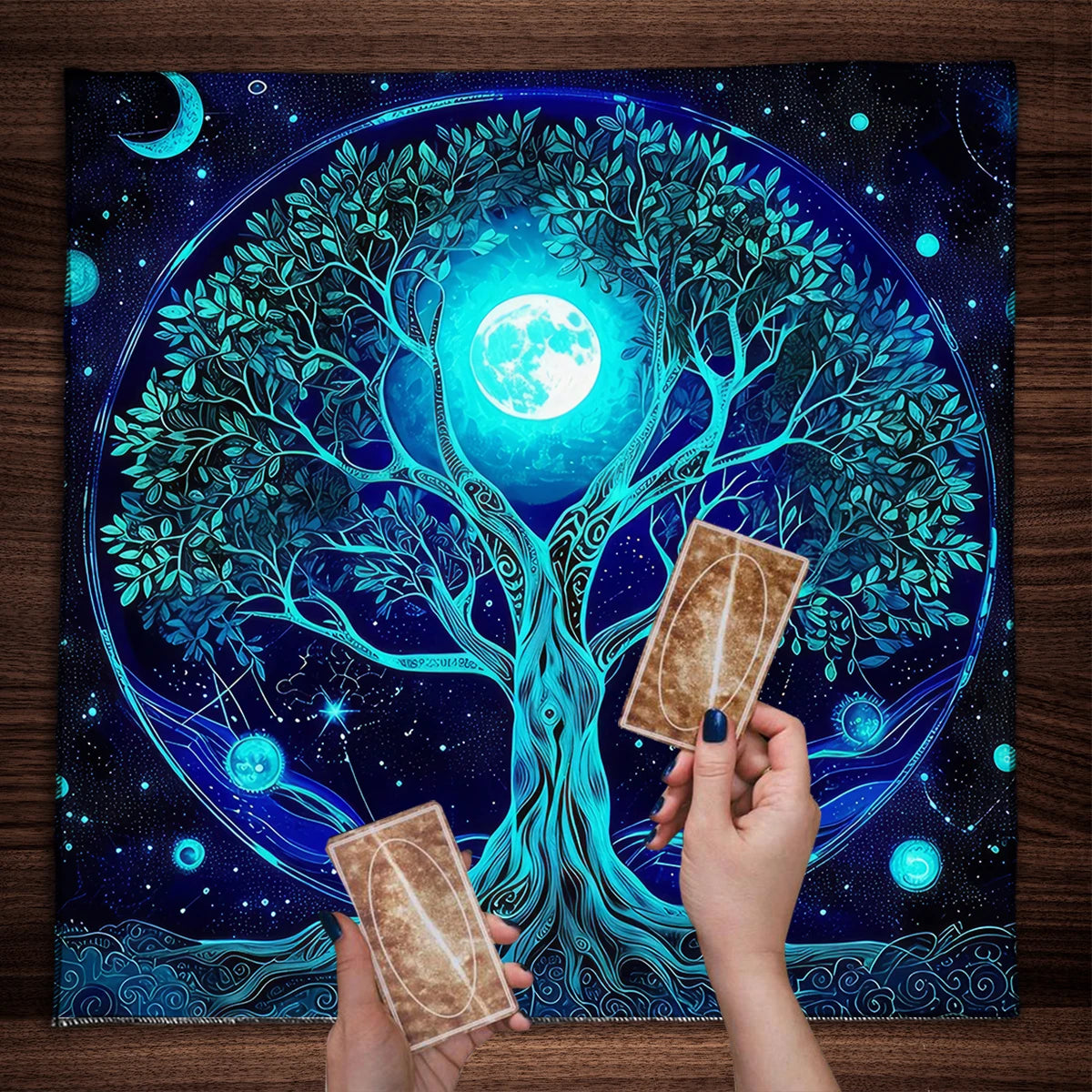 Nappe de carte de Tarot arbre de vie, nappe de plantes de Phase de lune pour Tarot de sorcière Wicca, tissu d'autel, tapis de carte de Divination