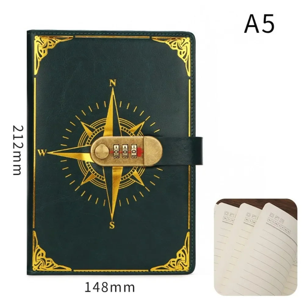 Carnet A5 Rétro Sécurisé avec Serrure – Journal Intime, Bloc-Notes Créatif et Boussole de Voyage