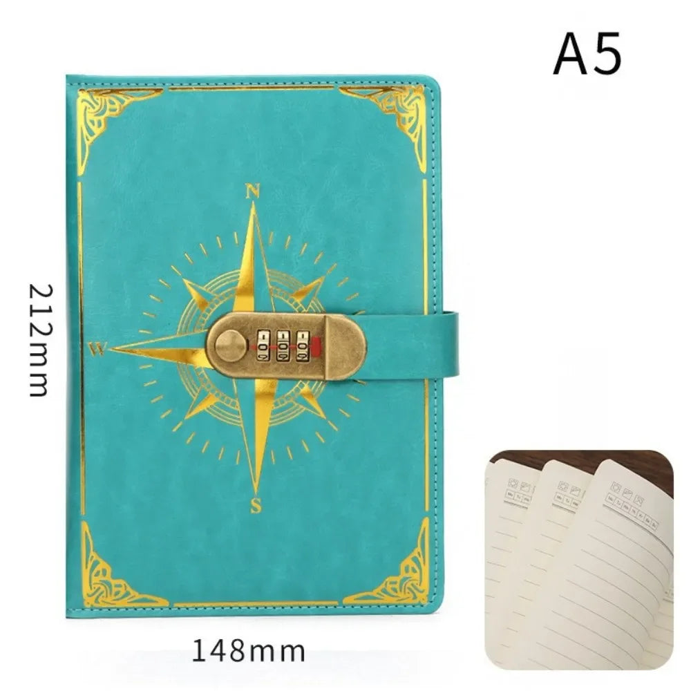 Carnet A5 Rétro Sécurisé avec Serrure – Journal Intime, Bloc-Notes Créatif et Boussole de Voyage
