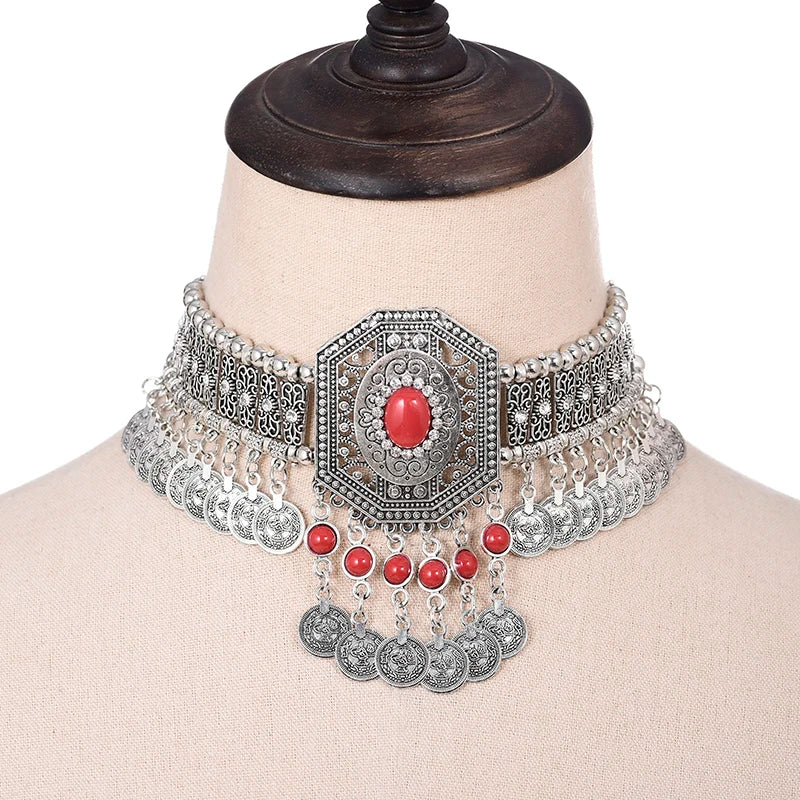 Collier ethnique pour femmes, ras du cou, bohème, Vintage, creux, géométrique, cristal, strass, perles, pièce de monnaie, pompon, bijoux