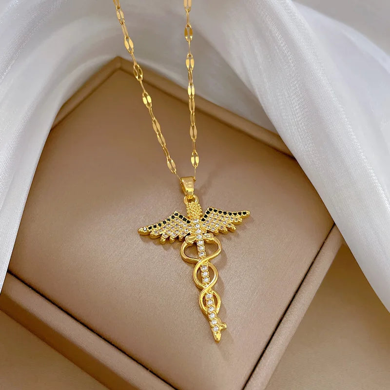 Collier ailes d'angle en acier inoxydable CZ, serpent Ouroboros, baguette magique, caducée, Asclepius, colliers, médicaux d'urgence, bijoux