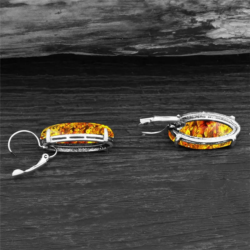 Ensemble collier et boucles d'oreilles vintage pour femme, pendentif en forme d'oeil, ambres simulés, bijoux fantaisie plaqués argent antique