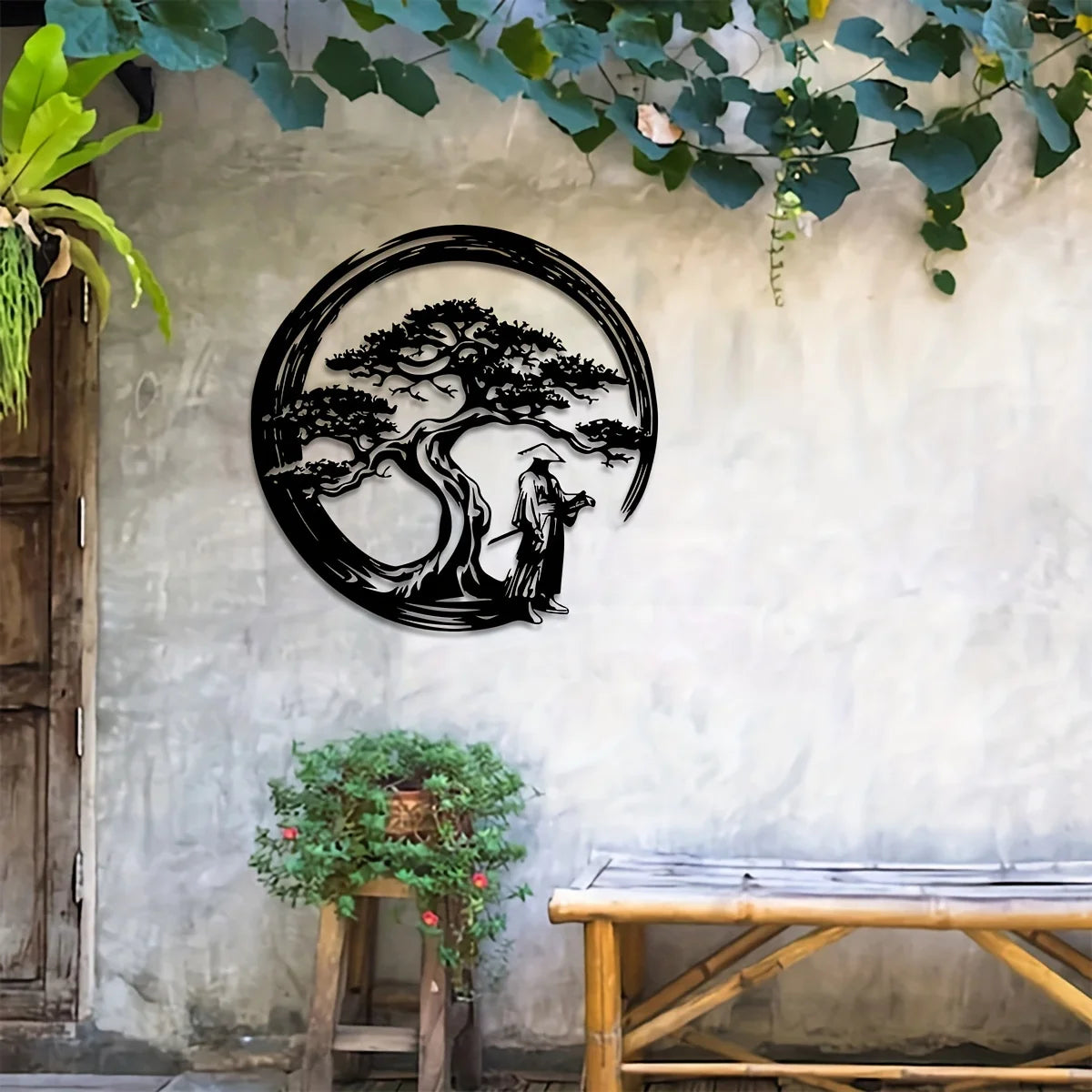 Arbre bonsaï japonais, Art mural en métal, 15.7x15.7, porte Tori, découpe Enso, créatif, moderne, Accent de maison, cadeau de pendaison de crémaillère Unique