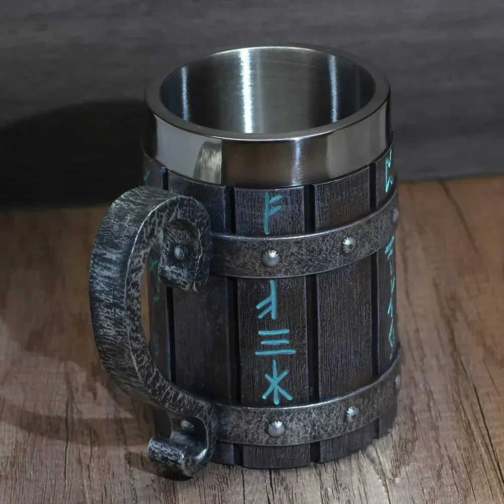 Tasse à café viking vintage avec doublure en acier inoxydable, grande capacité, baril de chêne, chope à bière, tasse à thé, pub, bar, cadeau de fête