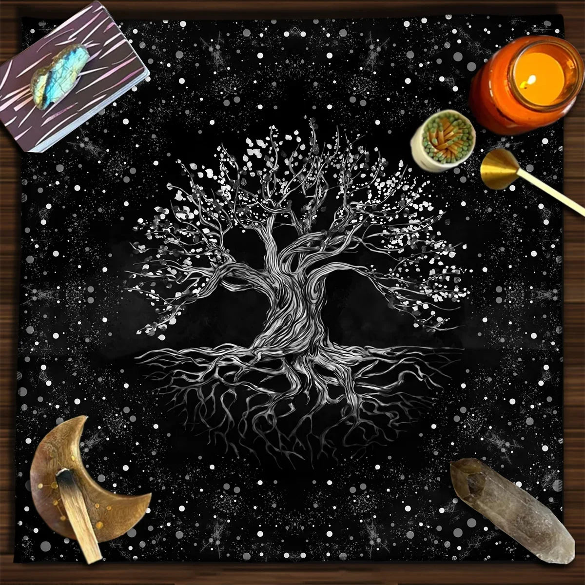 Nappe de carte de Tarot arbre de vie, nappe de plantes de Phase de lune pour Tarot de sorcière Wicca, tissu d'autel, tapis de carte de Divination