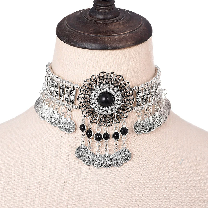 Collier ethnique pour femmes, ras du cou, bohème, Vintage, creux, géométrique, cristal, strass, perles, pièce de monnaie, pompon, bijoux