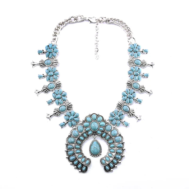 Navajo – ensemble de bijoux indiens pour femmes, boucles d'oreilles en résine de pierre Turquoise rouge et collier de fleurs de courge occidentales pour femmes