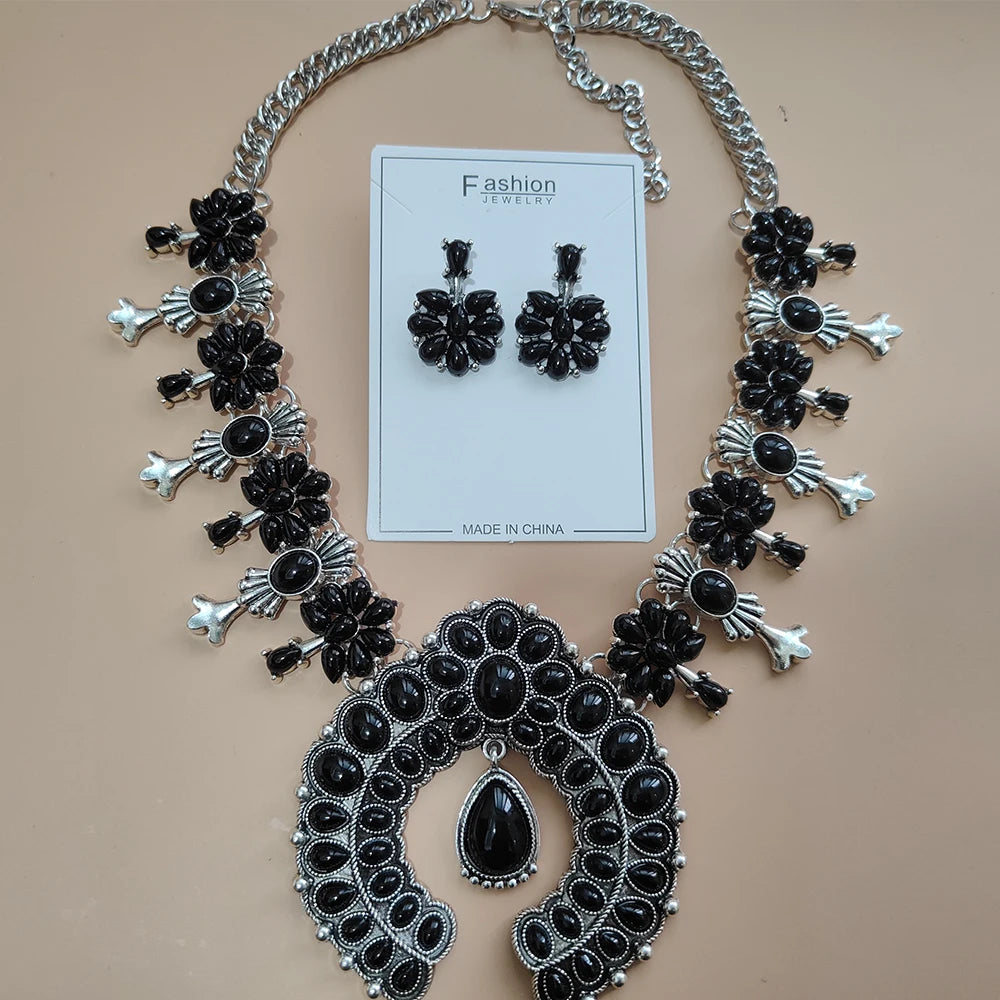 Navajo – ensemble de bijoux indiens pour femmes, boucles d'oreilles en résine de pierre Turquoise rouge et collier de fleurs de courge occidentales pour femmes