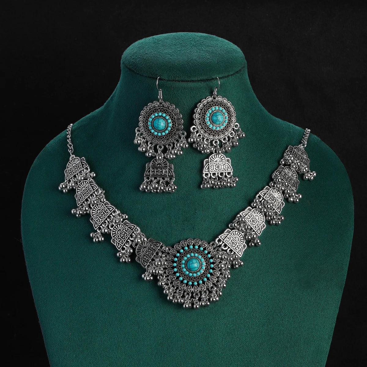 Boho Vintage Blue Beads Turquoise Jewelry Sets for Women, Silver Plated, Géométrique Necklace, Boucles d'oreilles, Cadeaux