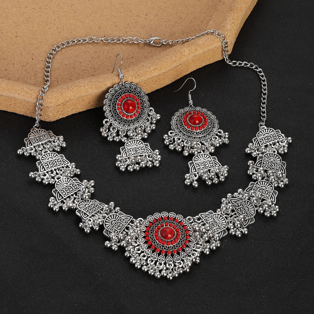 Boho Vintage Blue Beads Turquoise Jewelry Sets for Women, Silver Plated, Géométrique Necklace, Boucles d'oreilles, Cadeaux