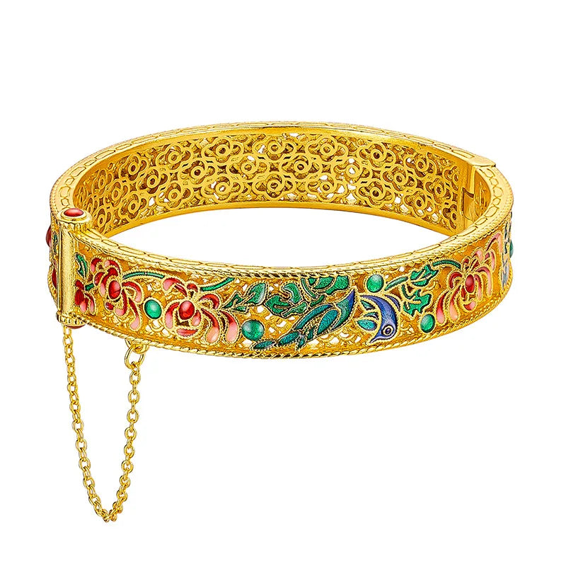 Bracelet en or 24K AU999 avec émail bleu et filigrane, méthode ancienne creux, style palais luxueux pour femmes