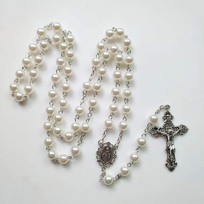 Chaîne de perles de méditation blanche, prière religieuse, collier chapelet Medalla Milagrosa, Crucifix croix, chapelet, bijoux cadeaux