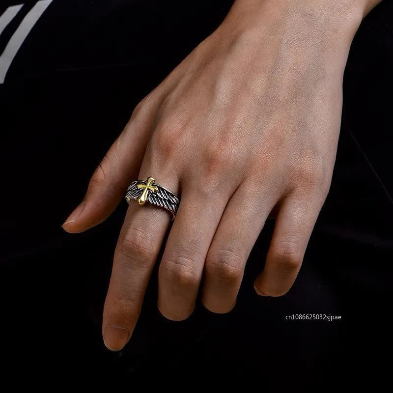 Bague croix d'ange pour hommes, bague d'ouverture à la mode et personnalisée, ailes et ailes de croix dorées pour hommes, bijoux gothiques punk