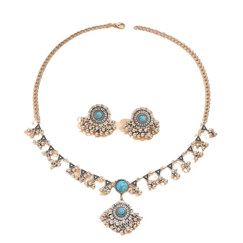 "Ensemble Vintage Ethnique Indien : Collier et Boucles d'Oreilles en Pierres Précieuses - Goutte Perles Asie du Sud-Est, Idéal pour un Style Unique et Élégant !"