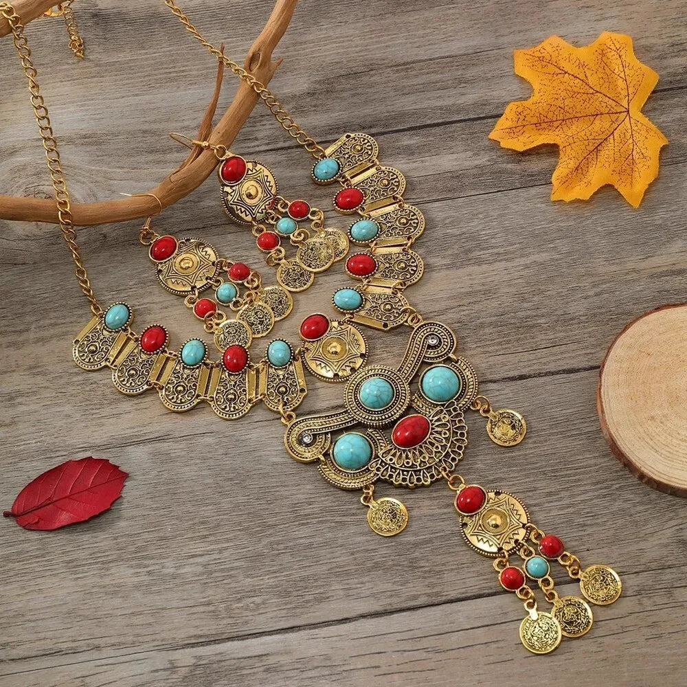 Ensemble de bijoux occidentaux ethnique Vintage, Imitation Turquoise, pièce de monnaie en métal, collier et boucles d'oreilles pour femmes, accessoires de fête