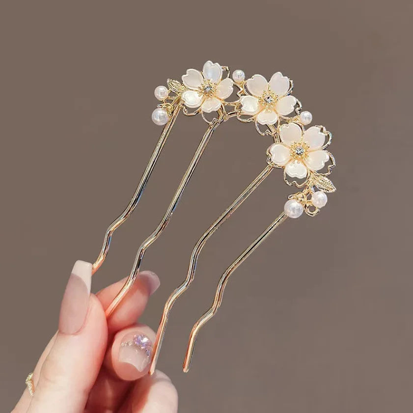 Épingle à cheveux en forme de 03/U pour femme, fermoir à cheveux en alliage féminin, accessoires pour chignon rétro français, perle élégante, peignes à fleurs, cadeau