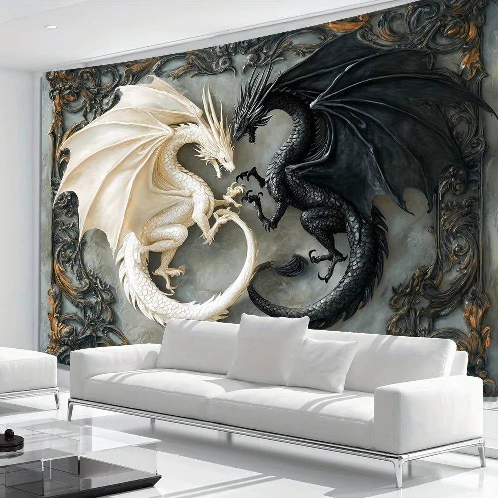 Superbe tapisserie murale suspendue en forme de Dragon noir et blanc, en Polyester de haute qualité, motif de Dragon exquis, décor de bureau