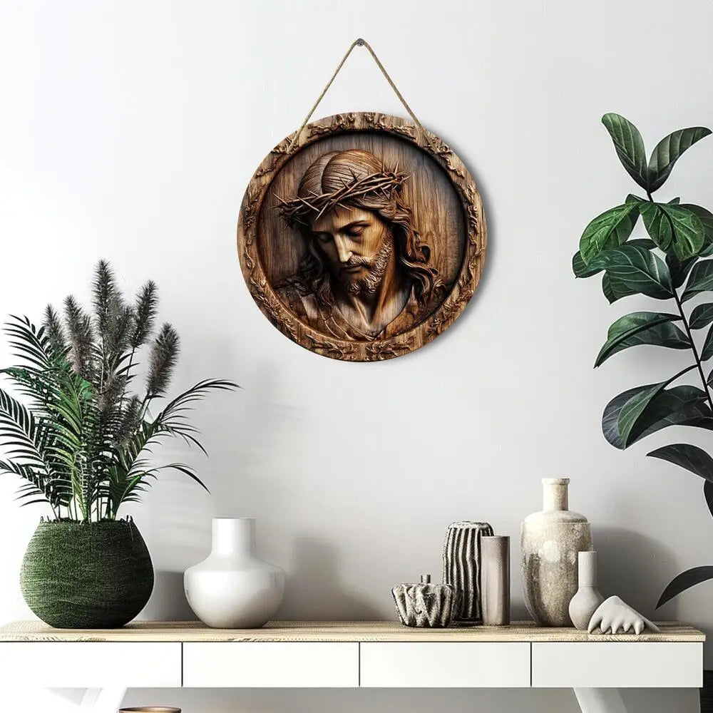 Panneau de jésus religieux rétro, plat 2D peut être directement accroché avec une corde, panneau mural de noël rond rustique en bois, adapté à la maison