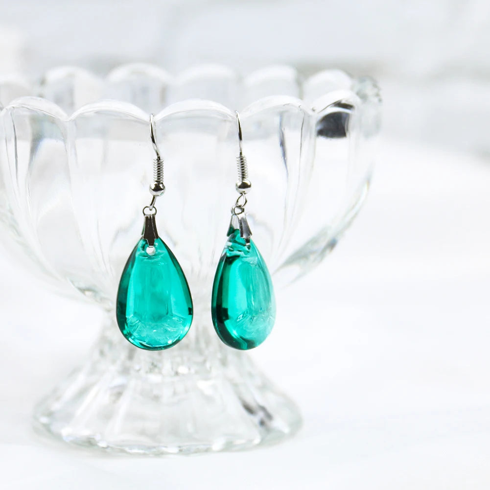 Boucles d'oreilles en verre vert exquis, crochet d'oreille, longue larme, goutte d'eau, cristal, pendentif, biscuits, quartz, festival, mère, femme, cadeau de bijoux