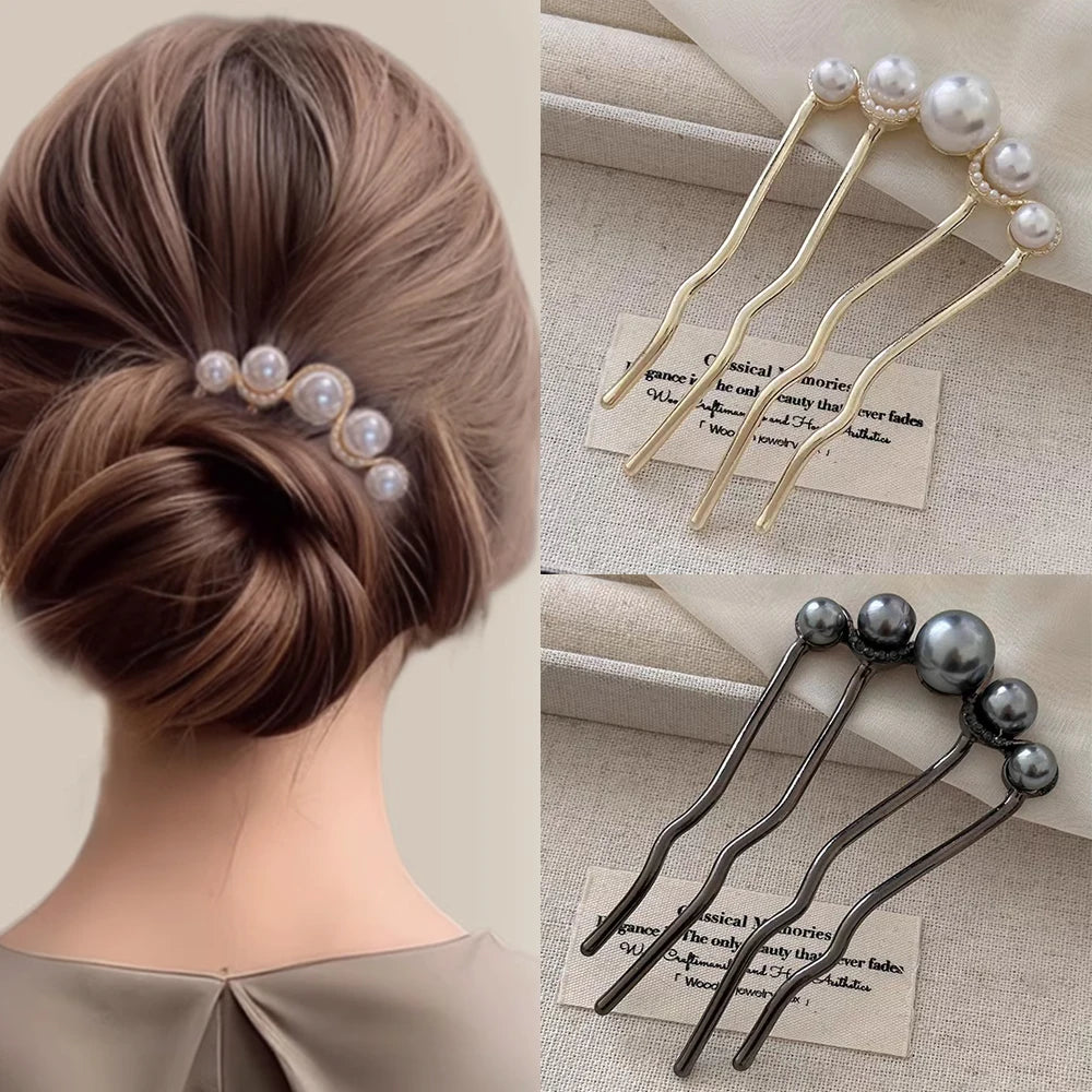 Épingle à cheveux en forme de 03/U pour femme, fermoir à cheveux en alliage féminin, accessoires pour chignon rétro français, perle élégante, peignes à fleurs, cadeau