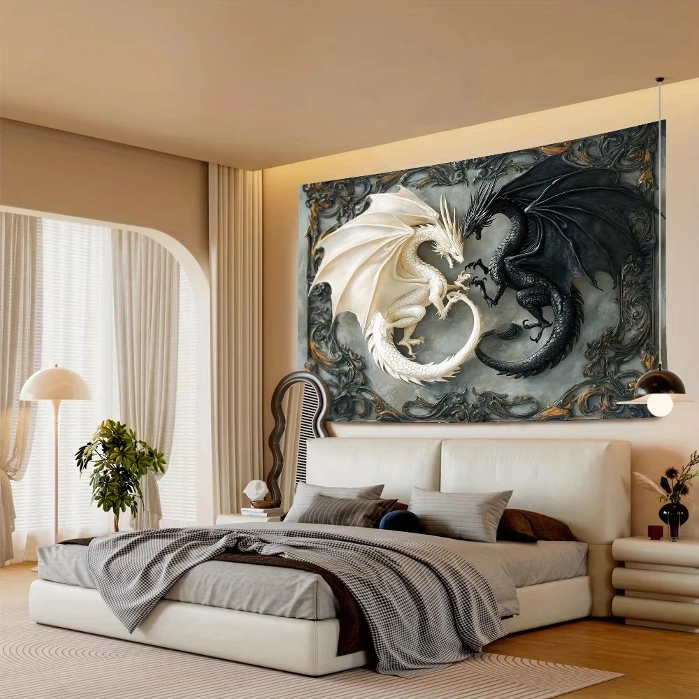 Superbe tapisserie murale suspendue en forme de Dragon noir et blanc, en Polyester de haute qualité, motif de Dragon exquis, décor de bureau