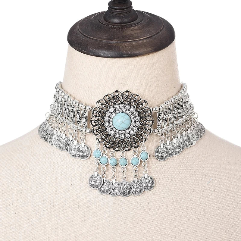 Collier ethnique pour femmes, ras du cou, bohème, Vintage, creux, géométrique, cristal, strass, perles, pièce de monnaie, pompon, bijoux