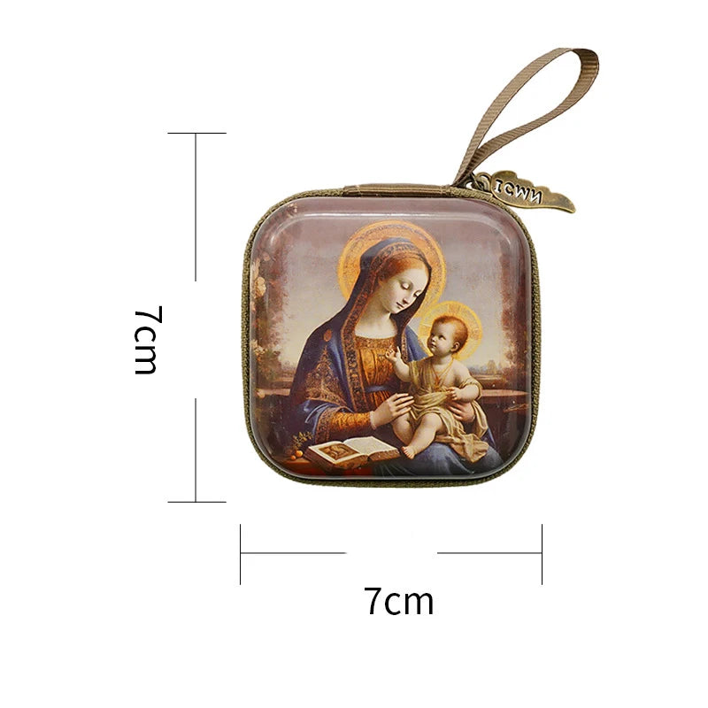 7x7 cm vierge marie jésus prière chapelet sac bijoux religieux boîte de rangement Articulos religiosos catholico