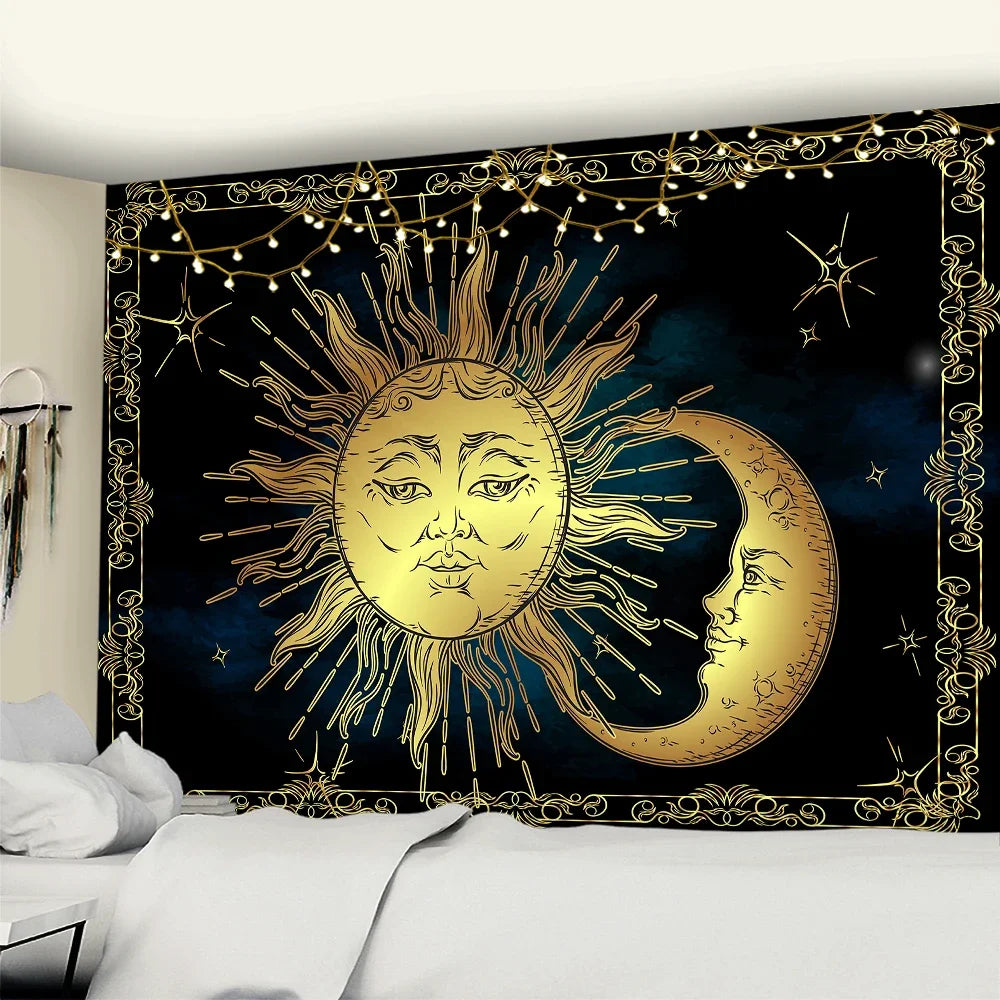 Grande Tapisserie de Soleil et Lune, Mandala, Tarot, Sorcière, Mur, Face Céleste, Hiphélicoptère, Tapis Mural, Décor de Dortoir