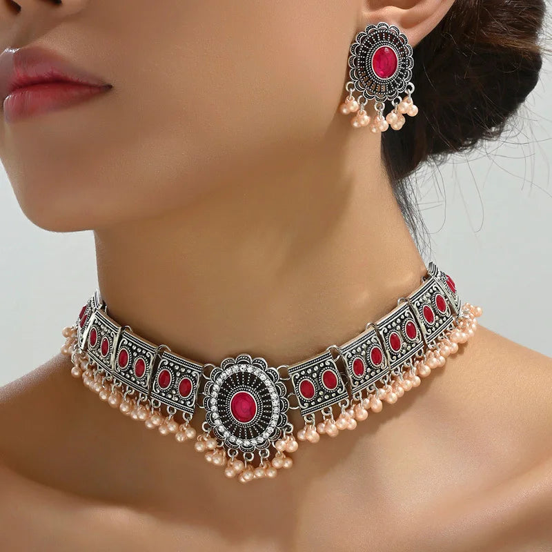 Ensemble de bijoux africains : Collier, boucles d'oreilles en cristal de Dubaï - Style vintage