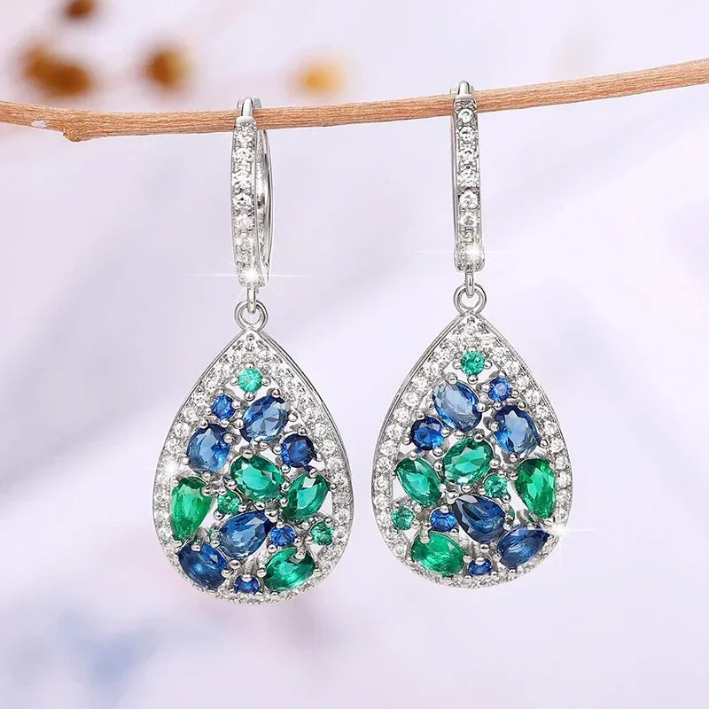 Boucles d'oreilles en zircone cubique bleu vif/vert pour femmes, Design Chic, accessoires d'oreille de mariée de mariage, bijoux de fête à la mode, 2025