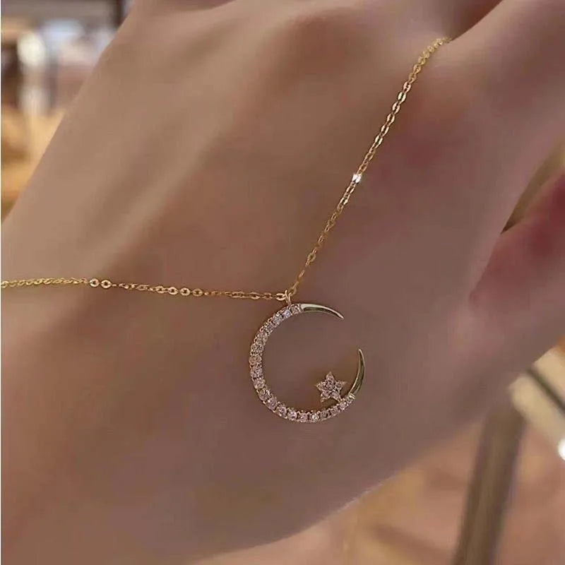 Collier pendentif étoile lune incrusté de zircone brillant pour femmes, chaîne de clavicule en cristal de luxe, bijoux de mariage
