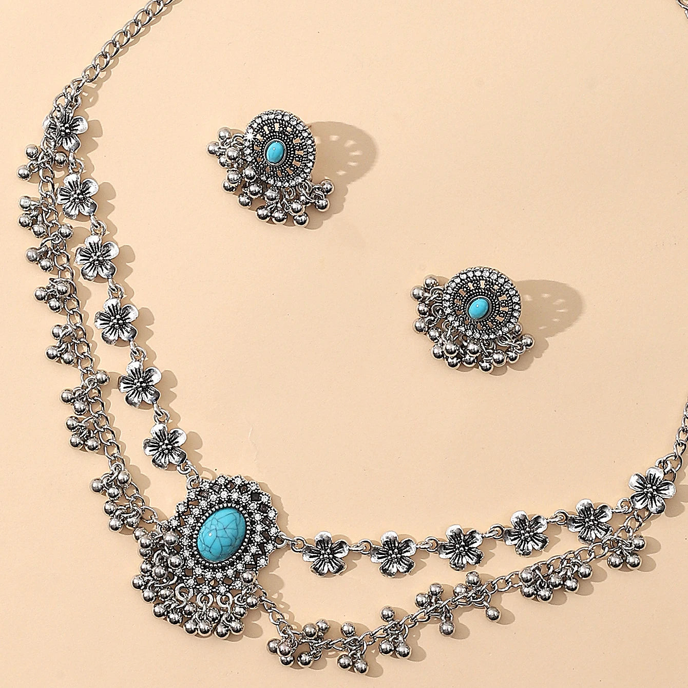 Ensemble de Bijoux Bohème Vintage pour Femme, Collier Ovale Turquoise, Boucles d'Oreilles, Plaqué Argent, Pompon Géométrique, Pierre Bleue