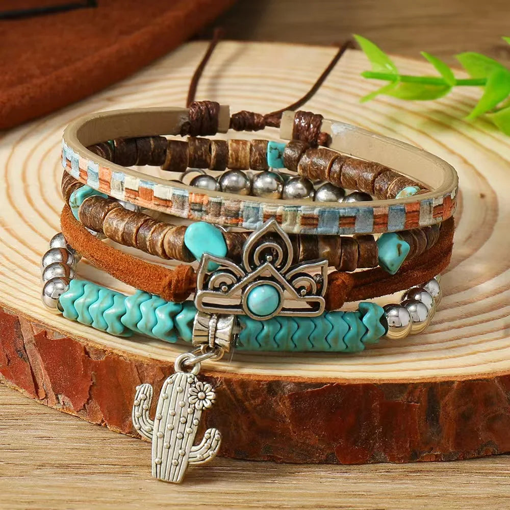 Chapeau de pays occidental tête d'animal feuille plume femmes Bracelets porte-bonheur femmes Bracelets en cuir hommes bracelet en gros bijoux cadeau