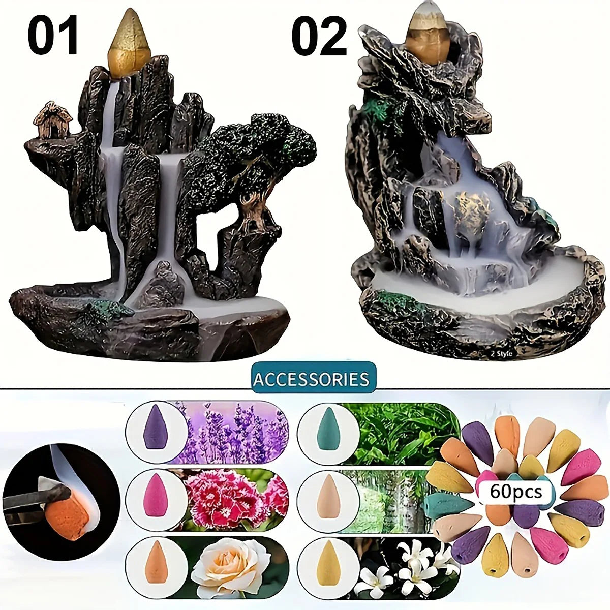 1pc montagnes rivière cascade Reflux brûleur d'encens fontaine reflux arôme fumée encensoir artisanat à la maison + 60 cônes d'encens