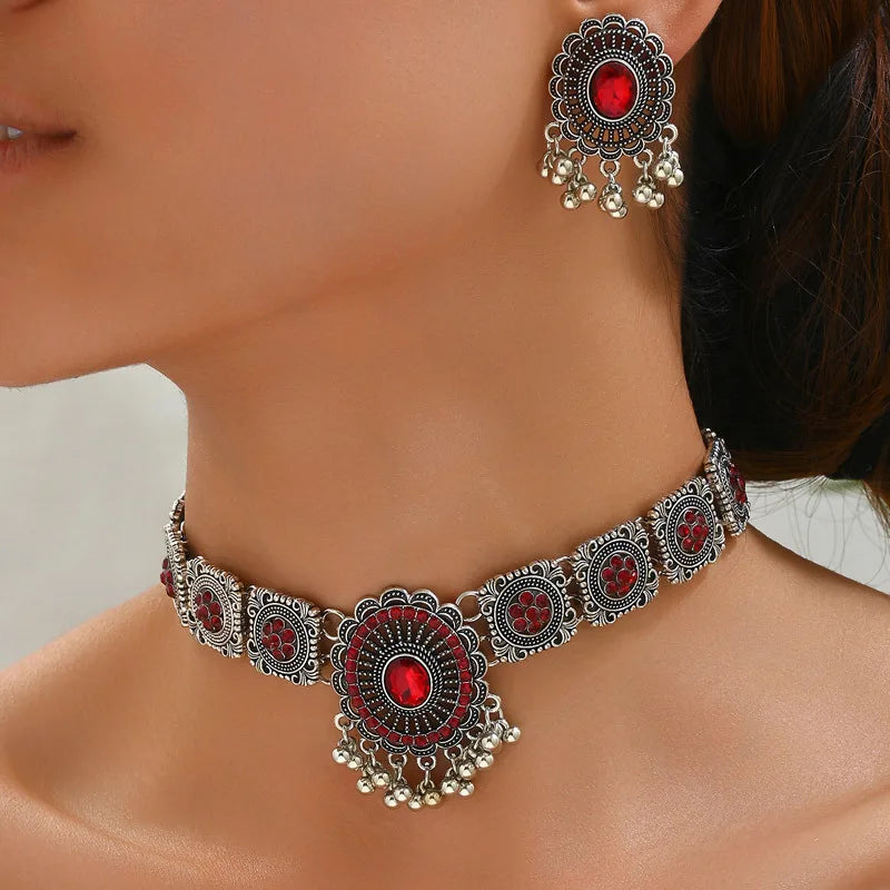 Ensemble de bijoux africains : Collier, boucles d'oreilles en cristal de Dubaï - Style vintage