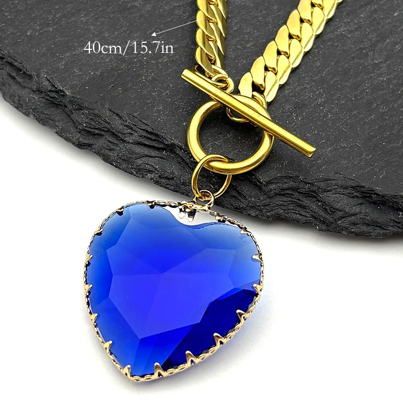 Collier ras du cou gothique punk en acier inoxydable avec pendentif cœur rouge en verre pour femmes