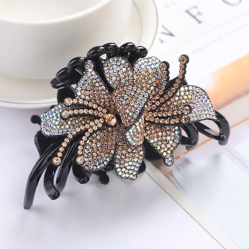 Pinces à cheveux à Double fleur, épingles à cheveux pour filles et femmes, Barrettes à strass, accessoires pour cheveux en forme de crabe, nouvelle collection