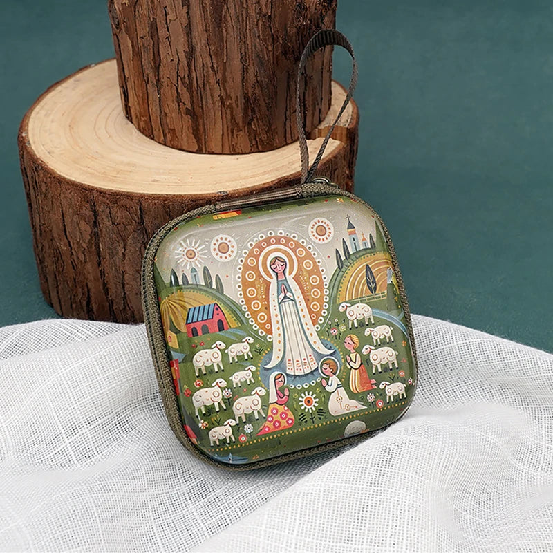 7x7 cm vierge marie jésus prière chapelet sac bijoux religieux boîte de rangement Articulos religiosos catholico