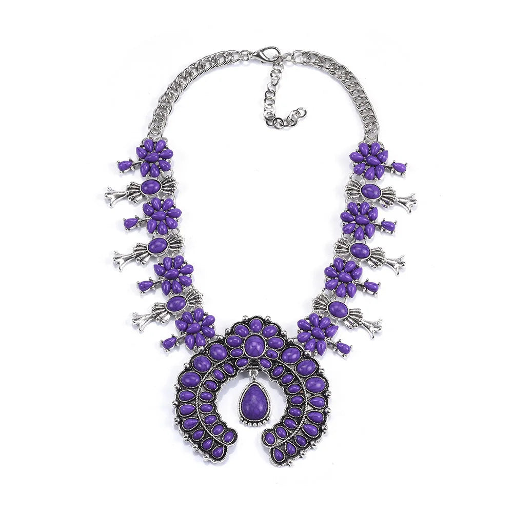 Navajo – ensemble de bijoux indiens pour femmes, boucles d'oreilles en résine de pierre Turquoise rouge et collier de fleurs de courge occidentales pour femmes