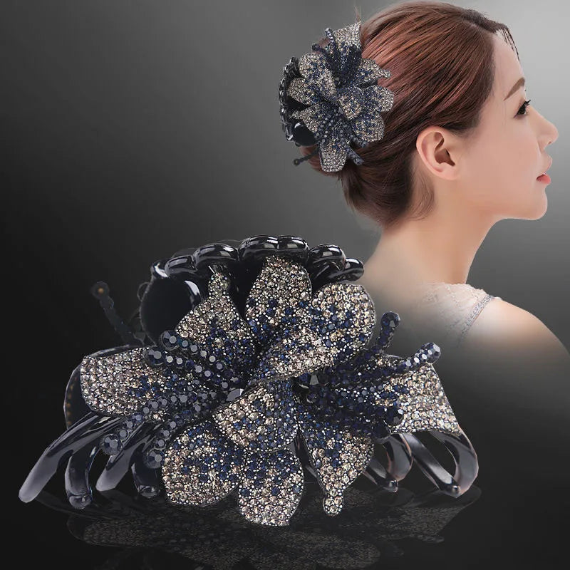 Pinces à cheveux à Double fleur, épingles à cheveux pour filles et femmes, Barrettes à strass, accessoires pour cheveux en forme de crabe, nouvelle collection