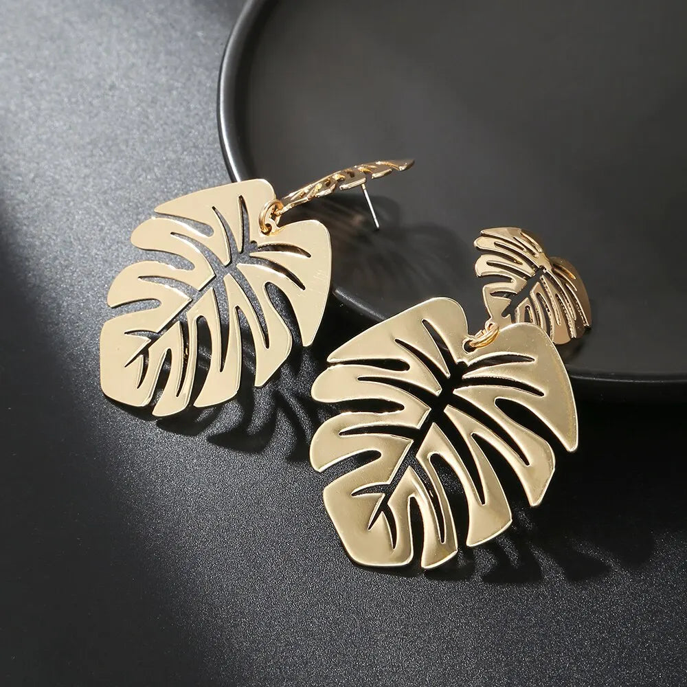 Boucles d'oreilles bohème creuses pour femmes, feuille exagérée, goutte d'eau, géométrique, couleur or, plante tropicale, bijoux féminins, nouveaux cadeaux